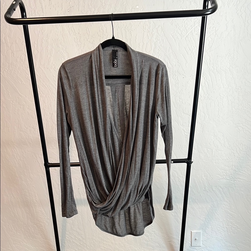 bobi Gray Drape Front Long Sleeve Top